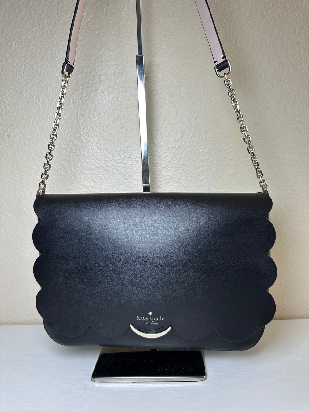 kate spade Black Scallop-Edge Leather Crossbody with Pink Interior